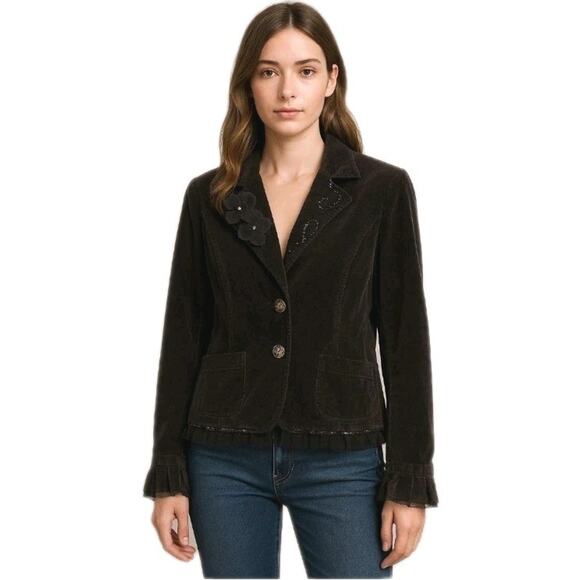 West Pacific ~Woman Size L~ Brown Velvet Embellished Blazer Jacket Unlined. - Picture 1 of 16
